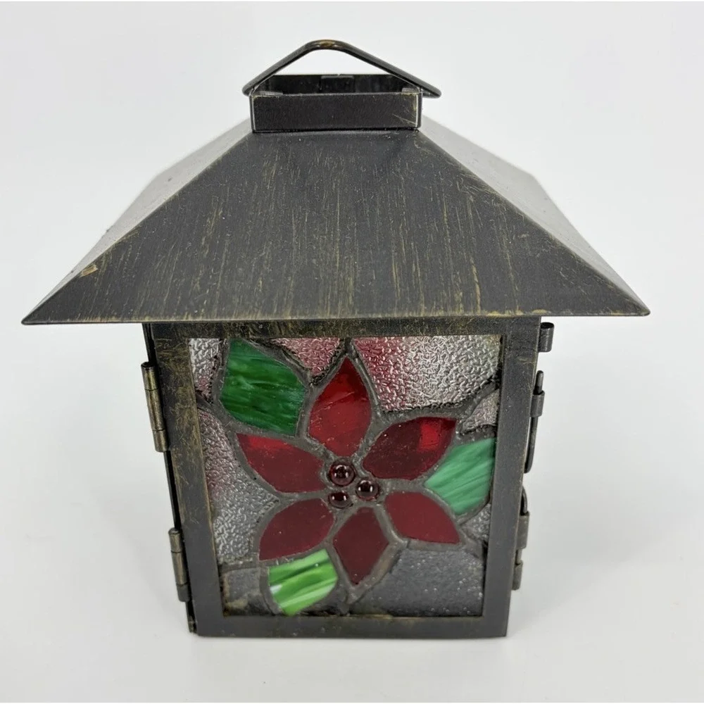 Stained Glass Tea Light Candle Holder Lantern Poinsettia Christmas Decoration
